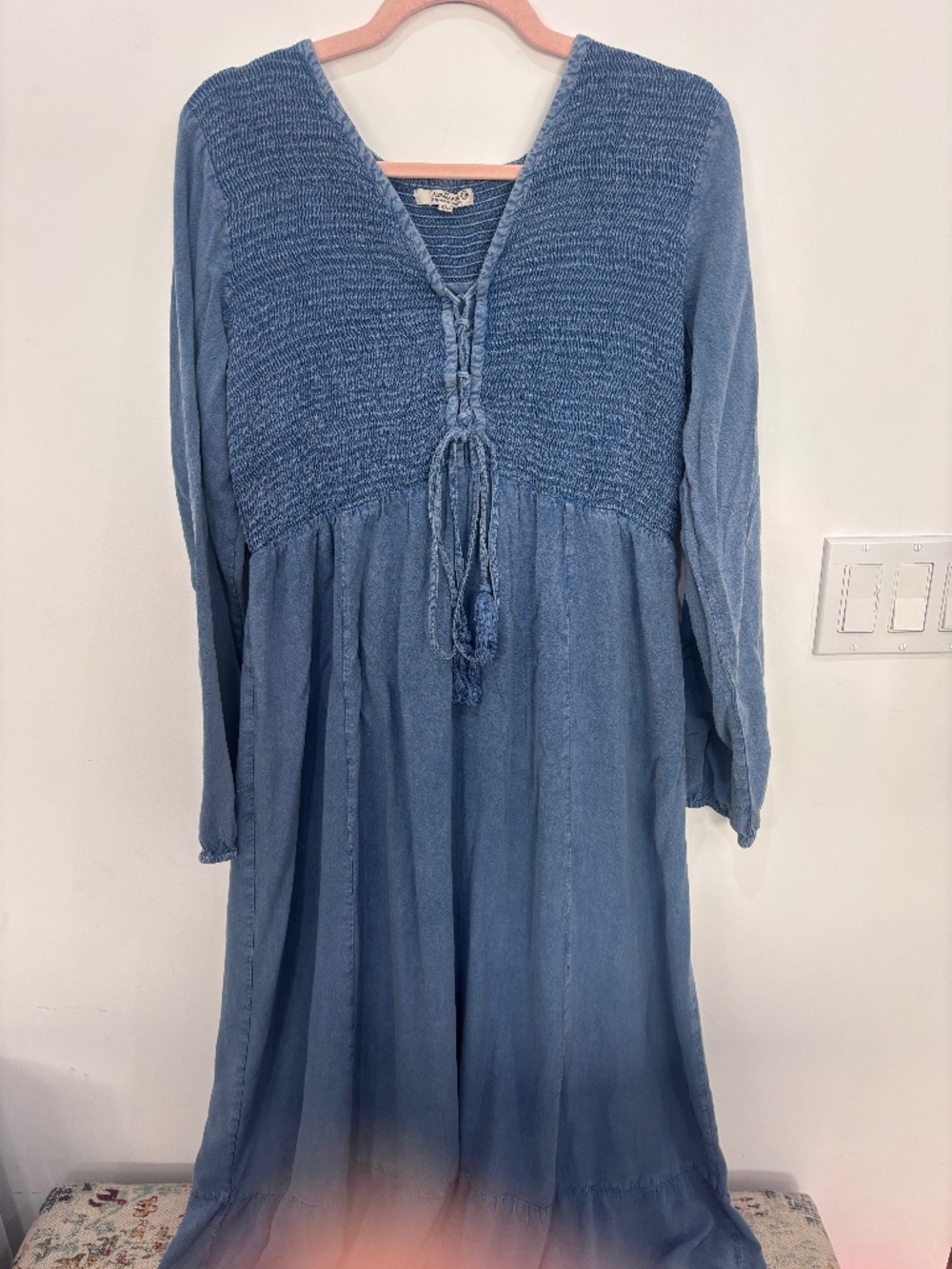 Natura Denim Wash Boho Maxi Dress Smocked Tiered Prairie Cottagecore XXL